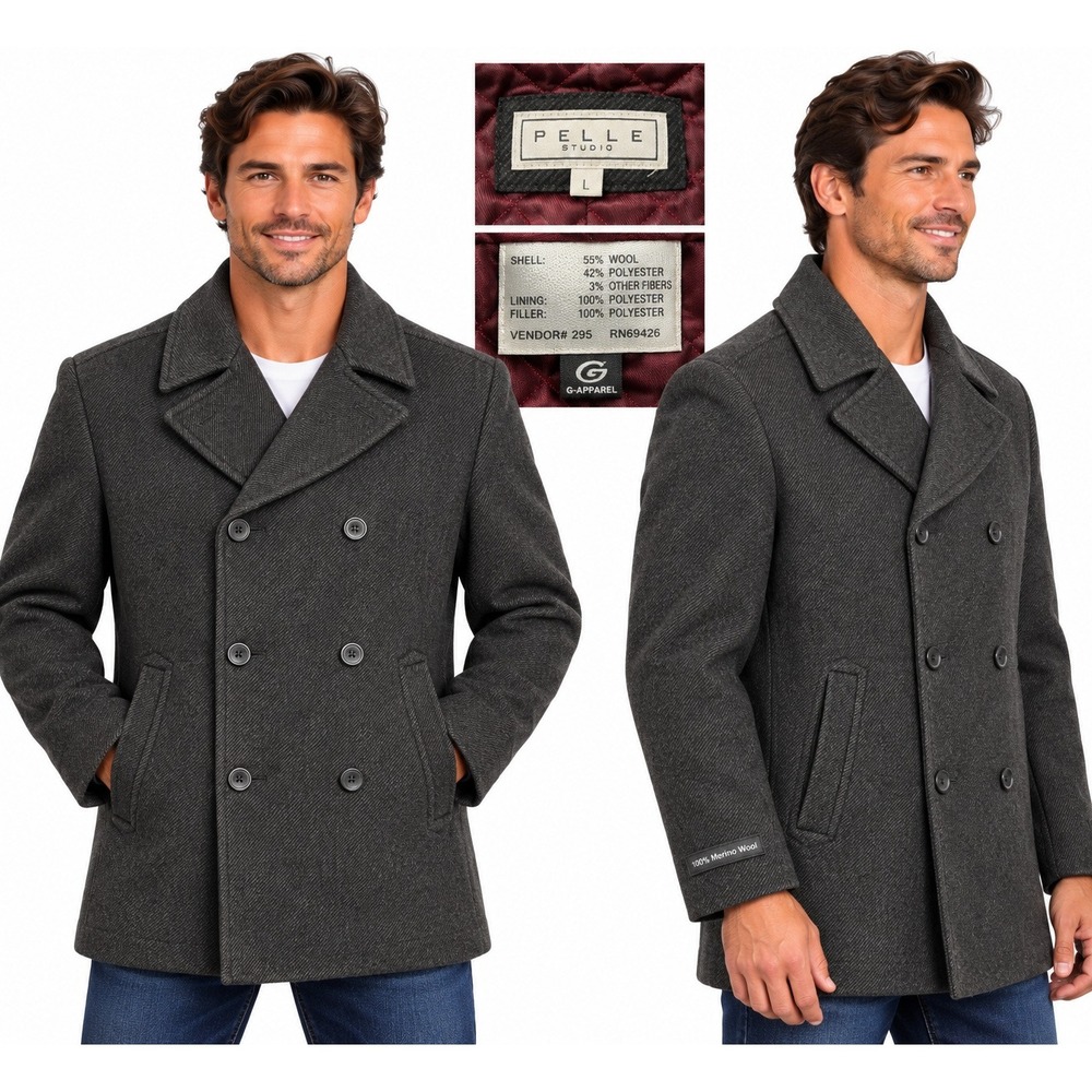 Pelle Studio Mens Charcoal Grey Wool Blend Double Breasted Pea Coat Size L